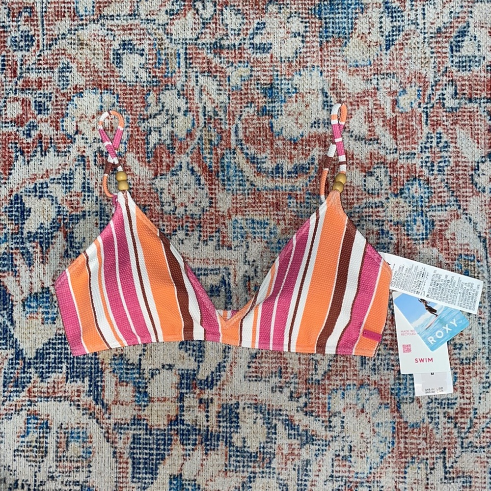 Roxy Palm Tree Dreams Triangle Bikini Top in Shocking Pink Retro Stripe SZ M NWT - Picture 3 of 5